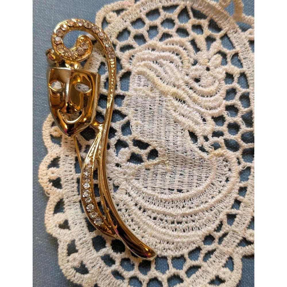 Vintage Theater Mask Brooch Gold Tone Rhinestone, Masquerade Pin, Drama Mask Pin